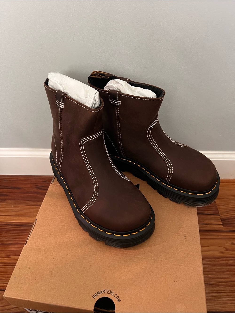 Dr. Martens | Zebzag Rigger Slip On Leather Boots in Dark Brown - Picture 2 of 7